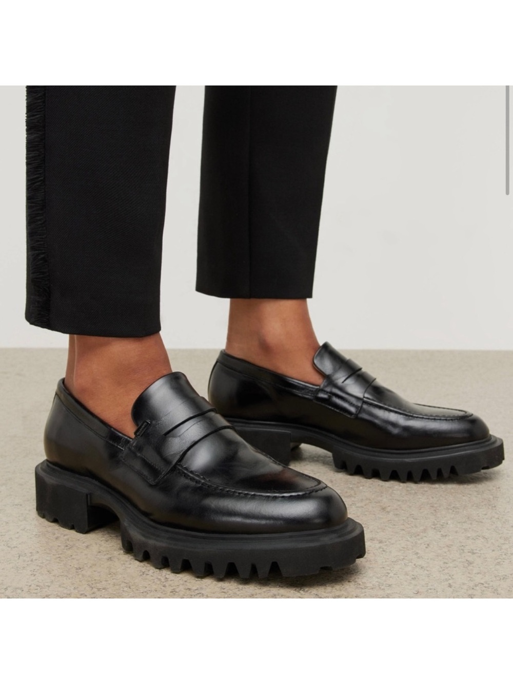 ALL SAINTS Lola Loafer Black Leather Slip On Chunky Lug Sole Round Toe 39